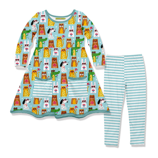 Kids Mint Animal Crackers Front-Pocket A-Line Dress & Stripe Leggings