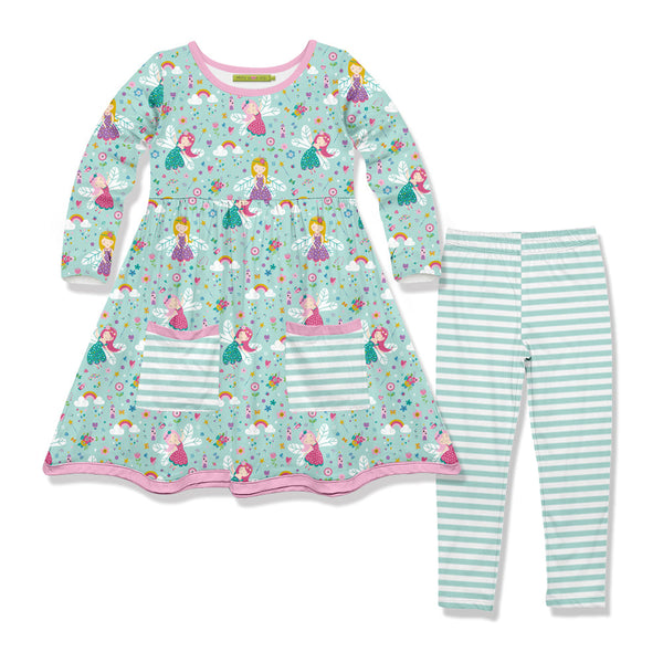 Kids Mint Fairies Front-Pocket A-Line Dress & Stripe Leggings