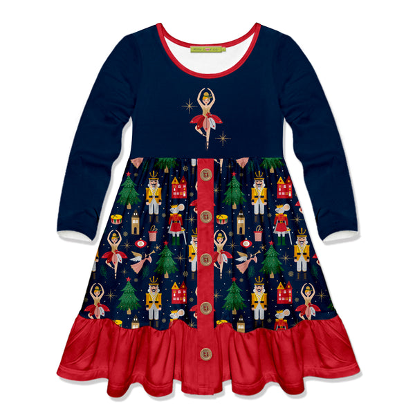 Dark Navy Nutcracker Christmas Button-Skirt Dress