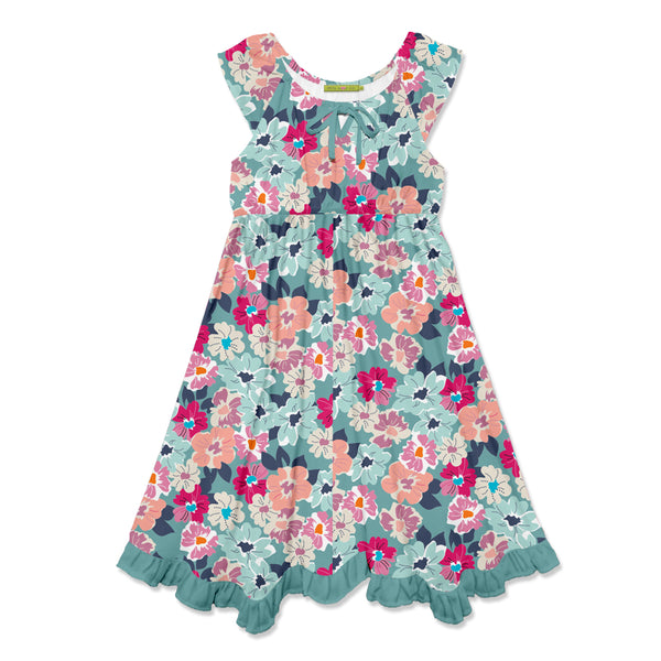 Nile Blue Floral Bloom Ruffle-Hem Handkerchief Dress