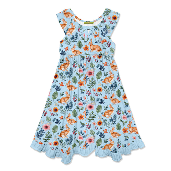 Ice Blue Bunnies Flowers Handkerchief Dress