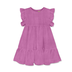 Millie Loves Lily fucshia cotton gauze  dress with ruffled sleeves on a white background, front