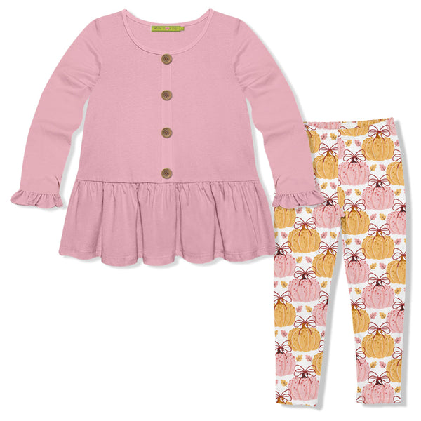Kids Pink Fr Terry Button-Front Tunic & Pumpkin Bows Leggings