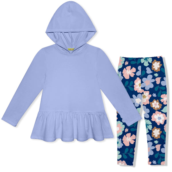 Periwinkle Ruffle-Hem Hoodie & Floral Leggings