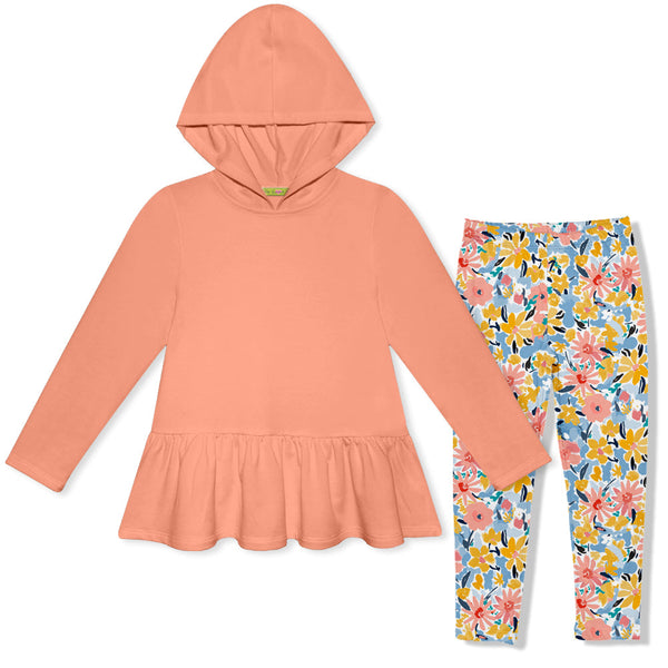 Kids Coral Ruffle-Hem Hoodie & Floral Filigree Leggings
