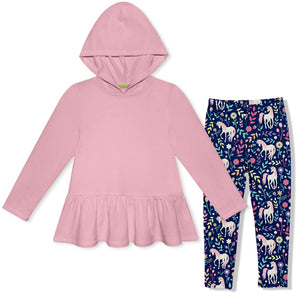 Kids Dusty Pink Ruffle-Hem Hoodie & Lucky Unicorn Leggings