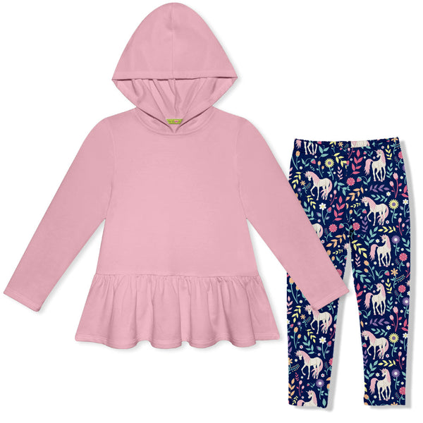 Kids Dusty Pink Ruffle-Hem Hoodie & Lucky Unicorn Leggings