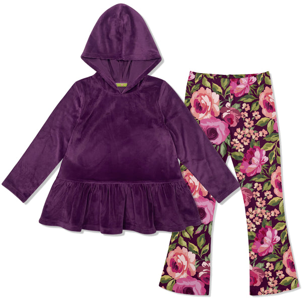 Plum Ruffle-Hem Velour Hooded Tunic & Regal Rose Leggings