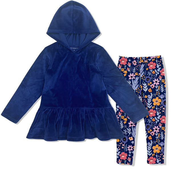 Navy Ruffle-Hem Velour Hooded Tunic & Floral Leggings