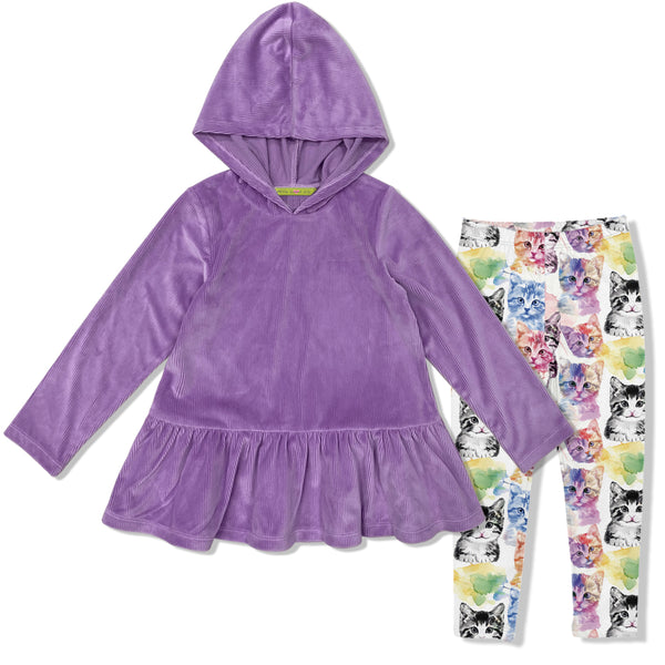 Purple Velour Hooded Tunic & Watercolor Cats Leggings