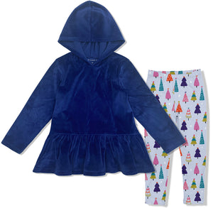Kids Navy Ruffle-Hem Velour Hooded Tunic & Tree Farm Leggings