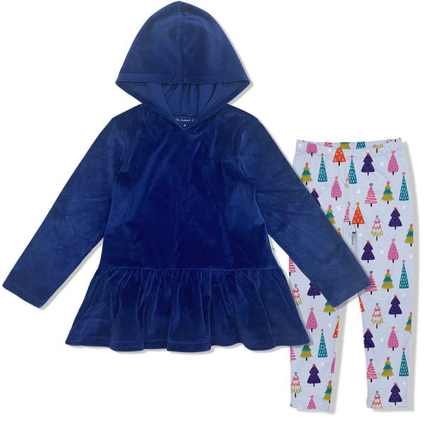 Kids Navy Ruffle-Hem Velour Hooded Tunic & Tree Farm Leggings