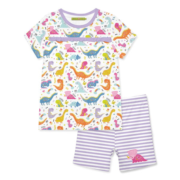 White & Lilac Dino Short-Sleeve Pajama Set