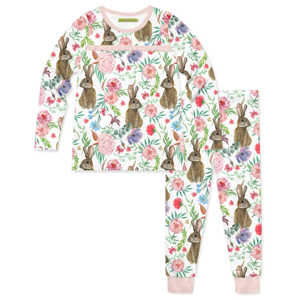 White Bunny Floral Pajama Set