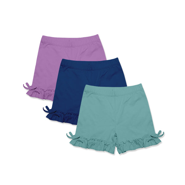 Purple,Navy & Nile Blue Bow-Accent Ruffle Shorts Set