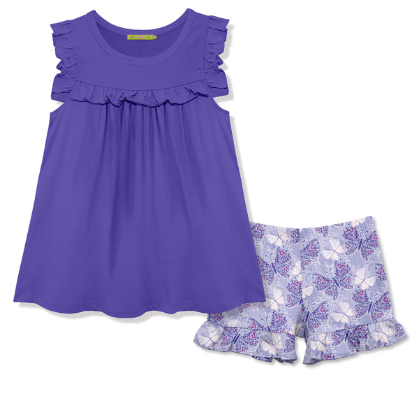 Millie Loves Lily Girls Blue Iris Ruffle Top and Butterfly Printed Ruffle Short Set,2-PCS