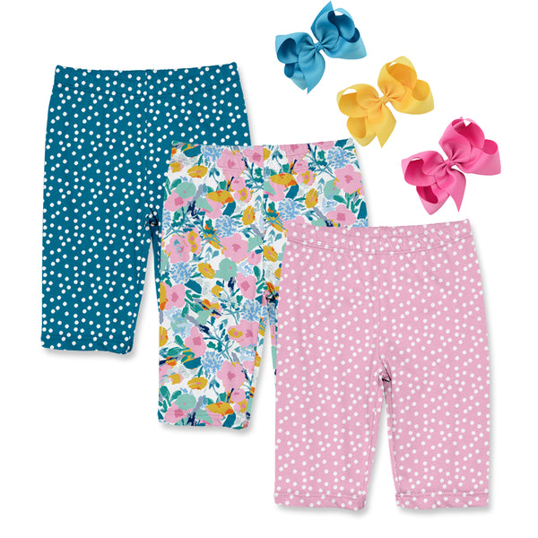 6-PC Turquoise Floral Whimsy Bike Shorts Hair Bow Set