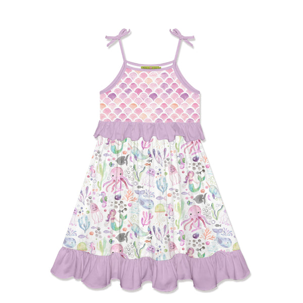 Lilac Octopus Sea Tie-Strap Ruffle-Accent A-Line Dress