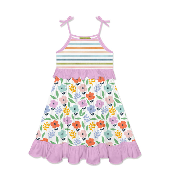 Kids Lilac Spring Floral Tie-Strap Ruffle-Accent A-Line Dress