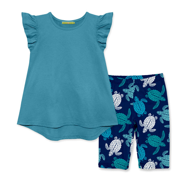 Turquoise Angel-Sleeve Hi-Low Top & Turtle Bike Shorts