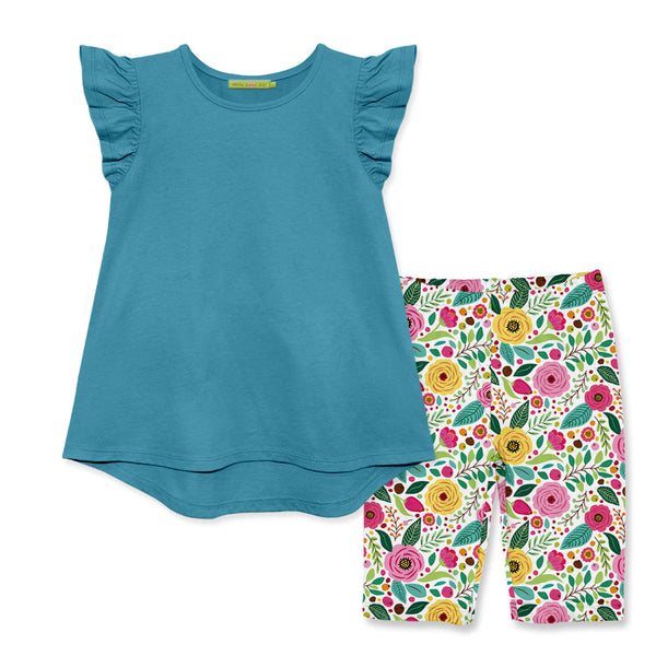 Kids Turquoise Angel-Sleeve Hi-Low Top & Flowering Bike Shorts