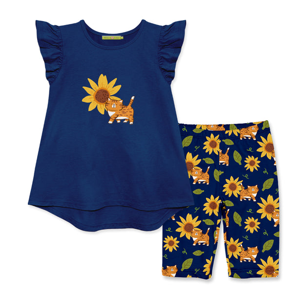 Navy Angel-Sleeve Top & Cats Sunflowers Bike Shorts