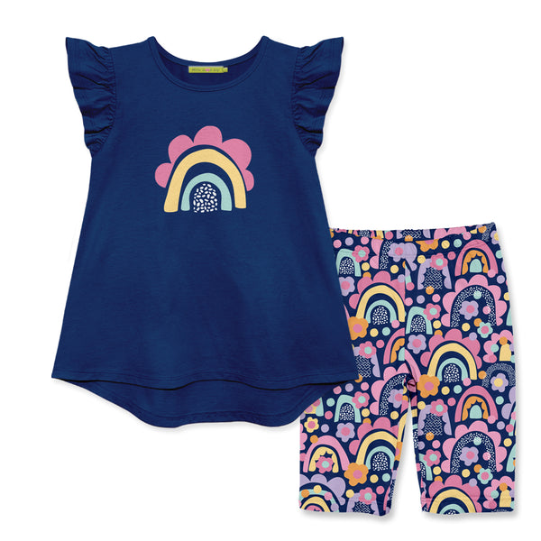 Navy Angel-Sleeve Top & Rainbow Candy Bike Shorts