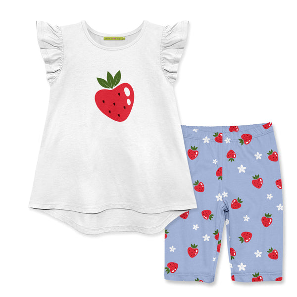 Kids White Angel-Sleeve Hi-Low Top & Strawberries Bike Shorts