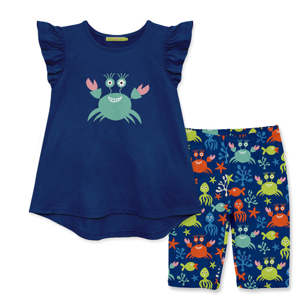 Kids Navy Angel-Sleeve Hi-Low Top & Silly Sea Life Bike Shorts