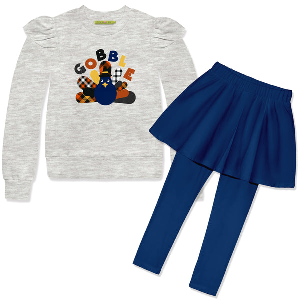 Gray Heather Turkey Gobble Angel-Sleeve Sweatshirt & Navy Skirted Leggings