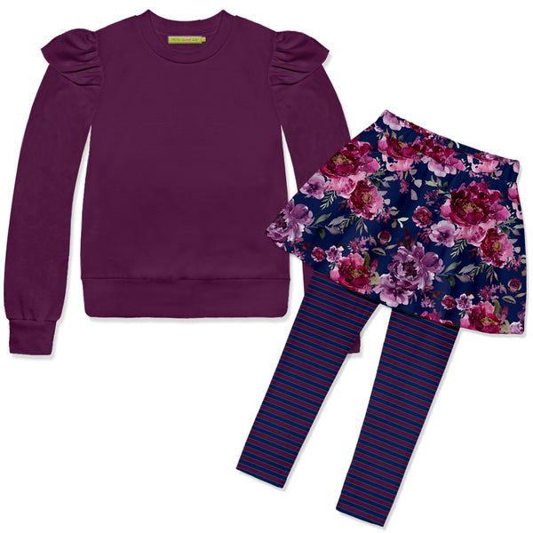 Plum Angel-Sleeve Sweatshirt & Floral Favorite Skirted Leggings