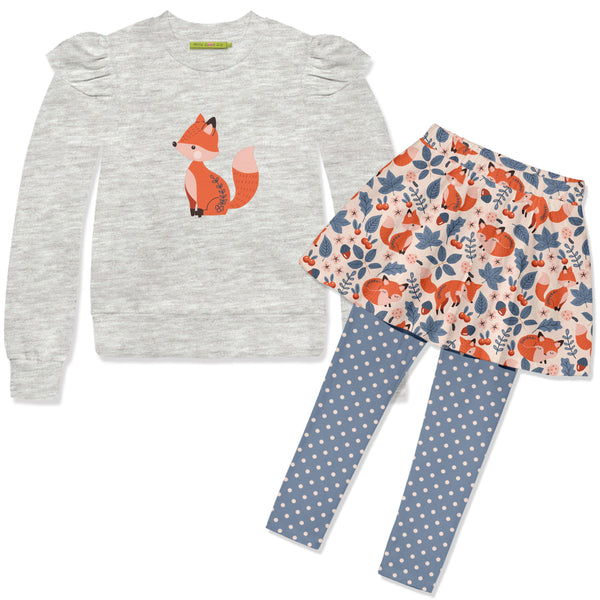 Gray Heather Fox Angel-Sleeve Sweatshirt & Foxy Leaves Skirted Leggings