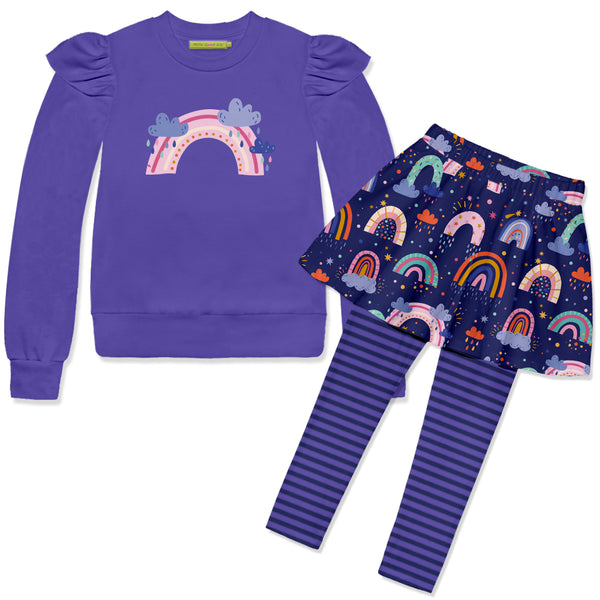 Blue Iris Angel-Sleeve Sweatshirt & Clouds & Rainbows Skirted Leggings