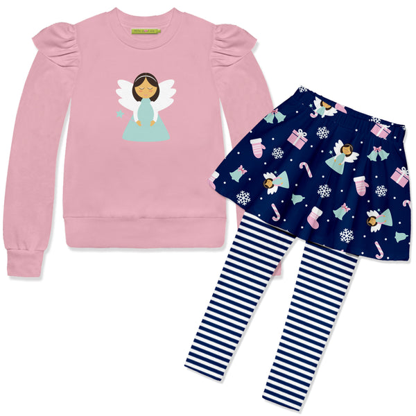 Dusty Pink Angel-Sleeve Sweatshirt & Christmas Angels Skirted Leggings