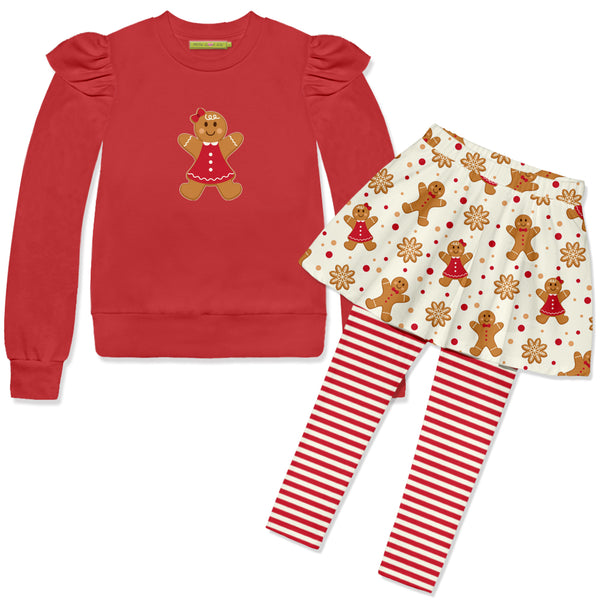 Red Angel-Sleeve Sweatshirt & Gingerbread Skirted Leggings