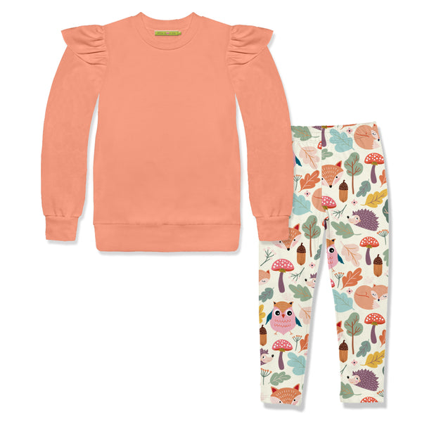 Coral Ruffle-Trim Sweatshirt & Woodland Leggings