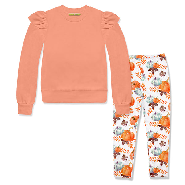 Coral Ruffle-Trim Sweatshirt & Pumpkin Patchwork Leggings