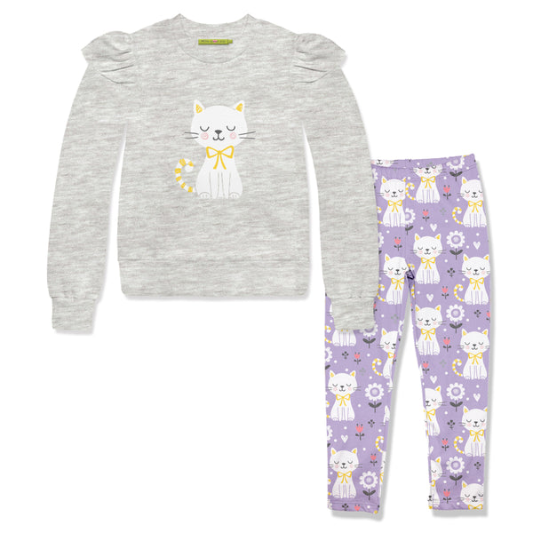 Gray Heather French Terry Sweatshirt & Purple Kitten Corner Leggings