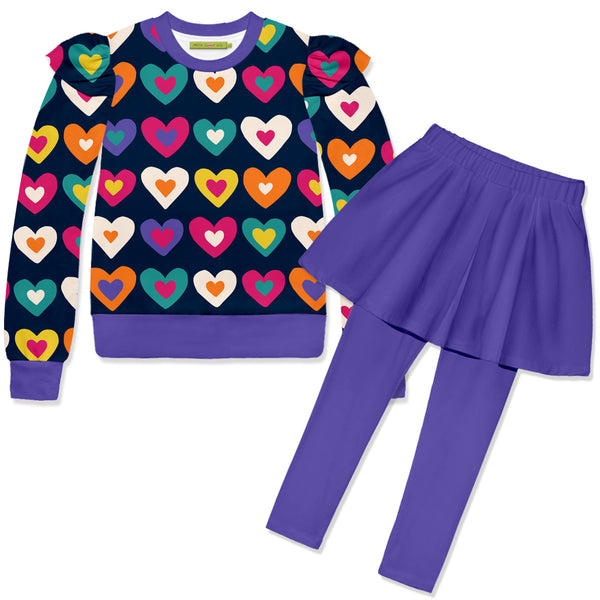 Navy Hearts Angel-Sleeve Sweatshirt & Blue Iris Skirted Leggings