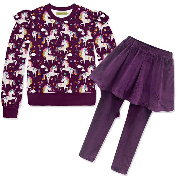 Unicorn Rainbow Velour Sweatshirt & Plum Velour Skirted Leggings