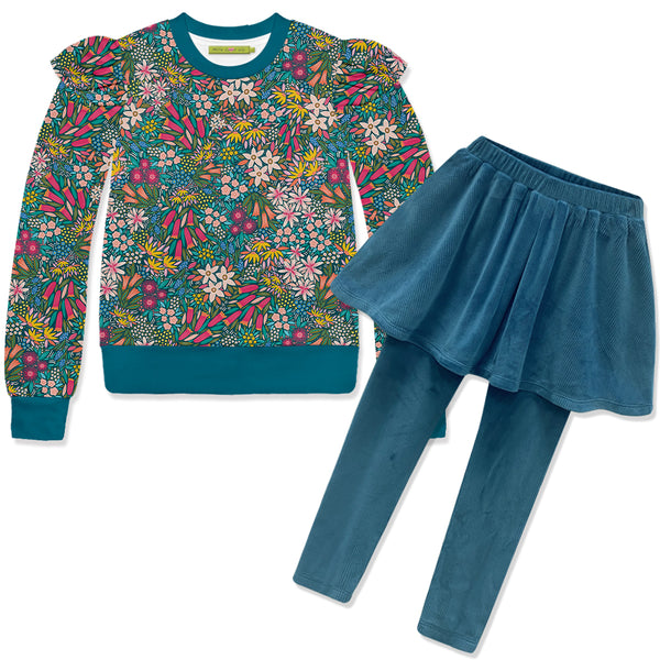 Teal Australian Flowers Velour Sweatshirt & Skirted Leggings