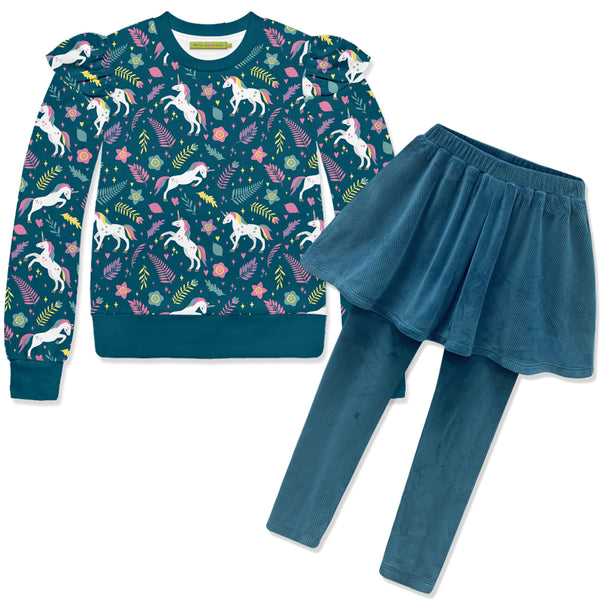 Teal Unicorn Leap Velour Sweatshirt & Skirted Leggings