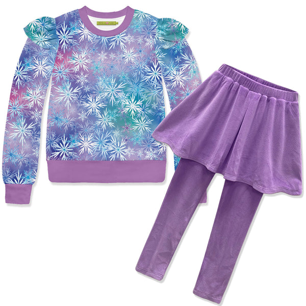 Kids Snowflake Velour Sweatshirt & Purple Skirted Leggings