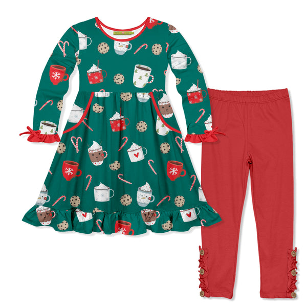 Green Cookies Bow Pocket A-Line Dress & Red Button Leggings