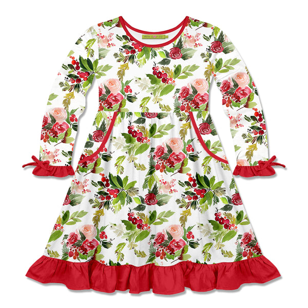 Red Christmas Rose Bow-Accent Pocket A-Line Dress