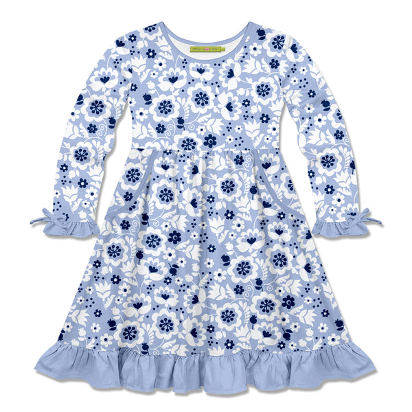 Periwinkle Floral Bow-Accent Pocket A-Line Dress