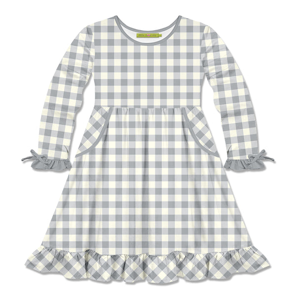 Gray Gingham Bow-Accent Pocket A-Line Dress