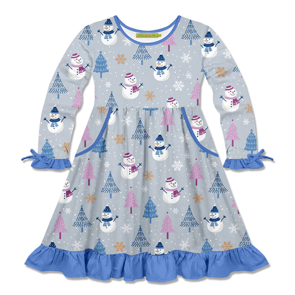 Gray Snowman Forest Bow-Accent Pocket A-Line Dress