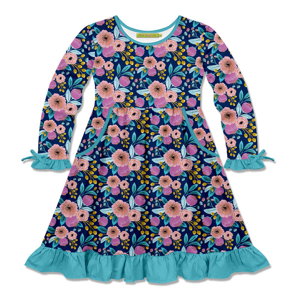 Kids Navy Famous Floral Bow-Accent Pocket A-Line Dress