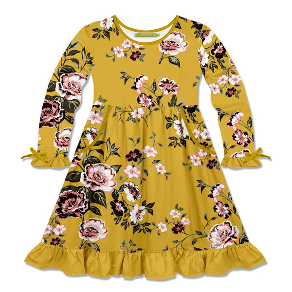 Kids Marigold Autumn Flower Bow-Accent Pocket A-Line Dress
